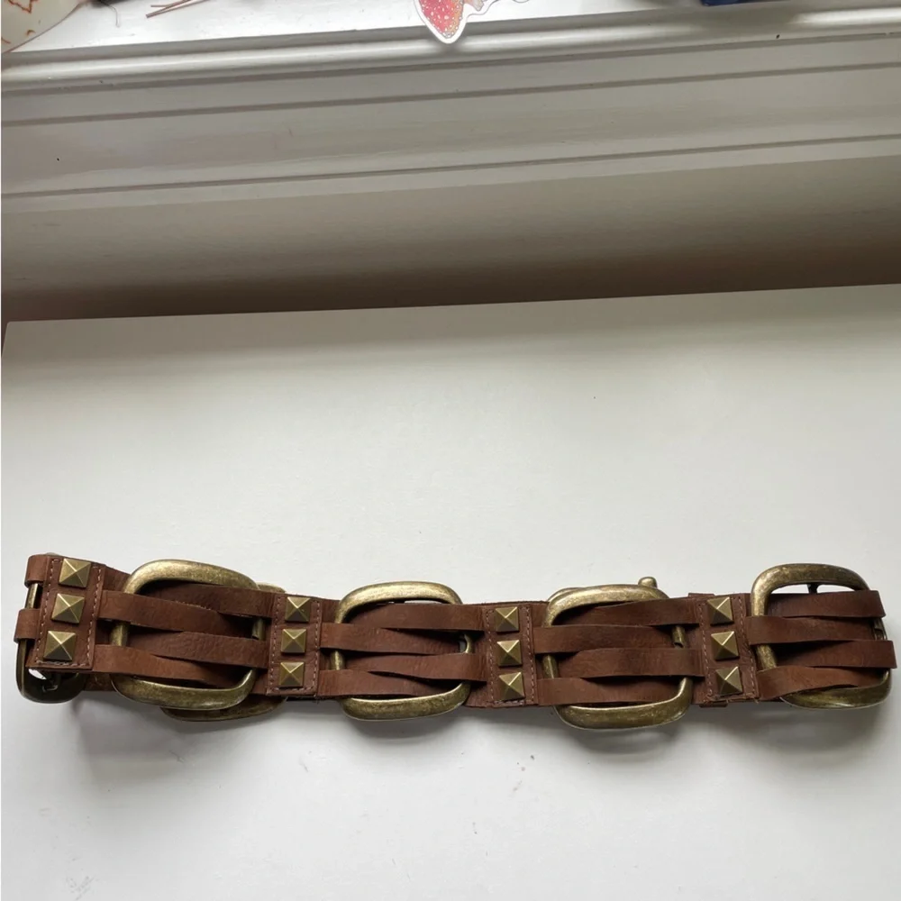 Leatherock Brown Leather Belt Brass Metal Accents Studs 36